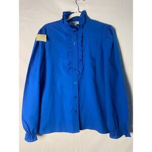 Vintage 70s-80s Lucky Winner Cobalt Blue Ruffle Front Collar Blouse Women's XL